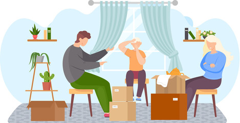 Family moving to new house sitting surrounded by things in cardboard boxes, change of place of residence. Moving to new apartment, relocation. Unpacking things after shipping. Rental of premises