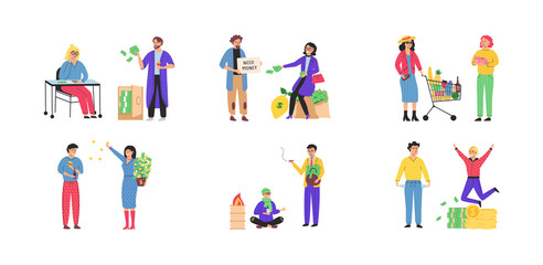 Rich and poor people concept. Happy smiling rich and unhappy sad poor persons. Social classes cartoon characters set isolated on white. Wealth and poverty, pauper, needy and moneybags businessman