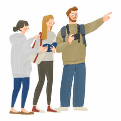 日本観光をする外国人と道案内をする女性　手描きイラスト