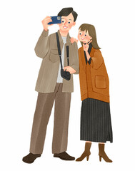 スマートフォンで写真を撮る男性と女性 手描きイラスト