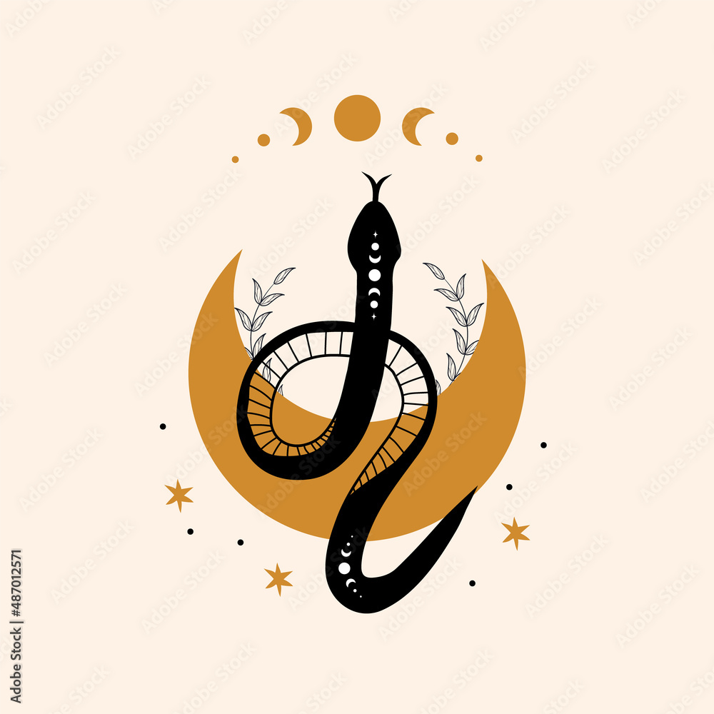 Wall mural magic snake in boho style with moon. mystical symbol in a trendy minimalist style. esoteric vector i