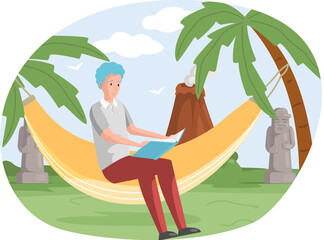 Obraz na płótnie Canvas Man rests sits on hammock and reads, studies book. Young guy with book in his hands spending time outdoor on beach with palm trees. Male character is reading and resting. Leisure, pastime in vacation