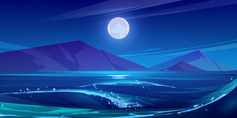 Night scene of sea with waves, mountains on horizon, full moon and stars in sky. Vector cartoon illustration of nature landscape of lake or ocean coastline with rocks at midnight