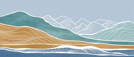 Mid century modern mountain art print. Abstract contemporary aesthetic backgrounds landscapes. illustration of mountain, sea, sky and sun