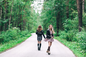 Fototapeta premium Two girls, blonde and brunette on the road in the summer forest
