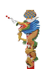 Fototapeta na wymiar Dragon on pole in Chinese temple or Thousand Pillar Dragon isolated on white background with clipping path include for design usage purpose.