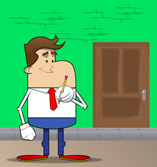 Fototapeta premium Simple retro cartoon of a businessman holding a pencil. Professional finance employee white wearing shirt with red tie.
