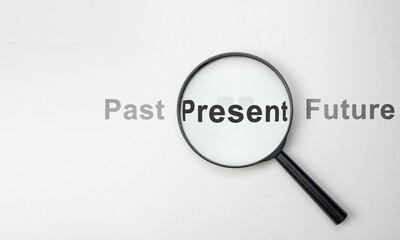 Present wording inside of Magnifier glass on white background for focus current situation, positive thinking mindset concept. Past present and future in focus. copy space