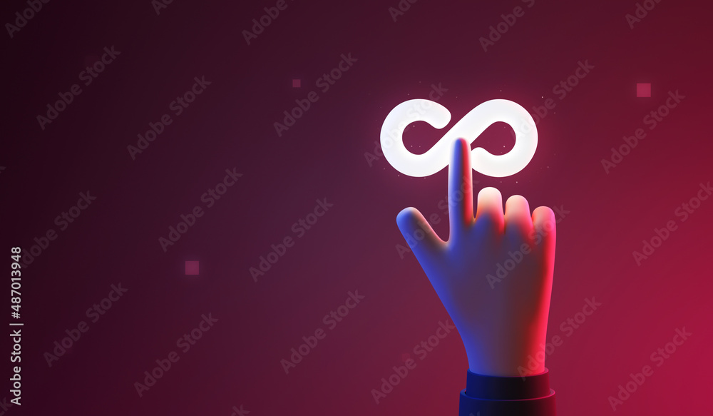 Leinwandbilder Hand pointing endless infinity sign of virtual reality metaverse digital innovation game or internet future online simulation media cyber and world communication on connection technology 3d background