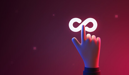 Hand pointing endless infinity sign of virtual reality metaverse digital innovation game or...