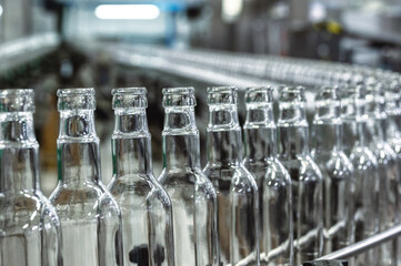 Production line transports empty glass bottles for alcohol