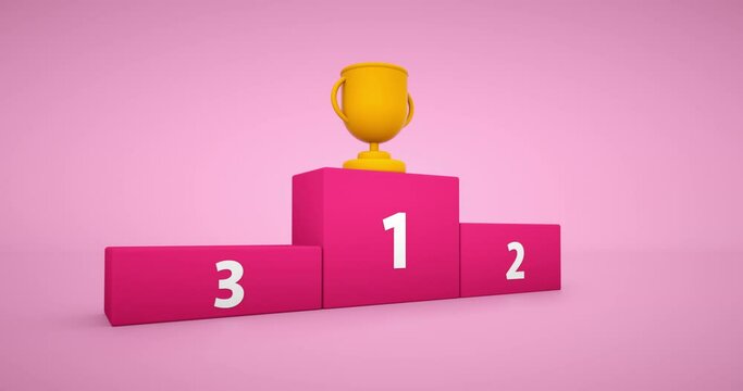 Pink winner podium with first, second and third places and a trophy, 3D rendering