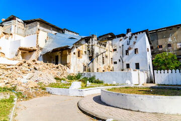 Destroyed residential building at Stone Town. Ruins of the house. Zanzibar, Tanzania