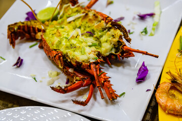 Prepared spiny lobster on a plate. Exotic seafood