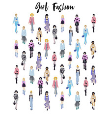 Stylish young women dressed in trendy clothes. Crowd of girls.