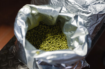 Hop pellets are in a plastic bag. Ingredient for brewing