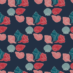 Seashell. Seamless pattern with cartoon shell. Conch on blue. Vector.