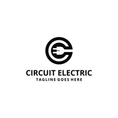 Abstract illustration of letter C logo with plug wire inside. Vector typeface for electric car identity, technology, charging poster, etc