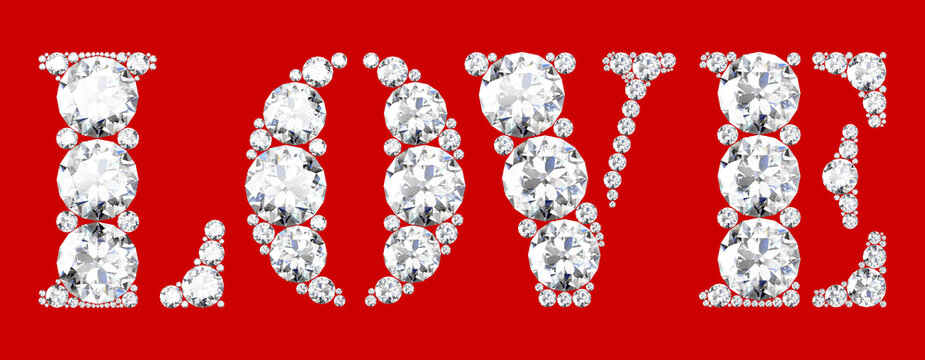 Love word made of diamonds letters with on red background.3d rendering