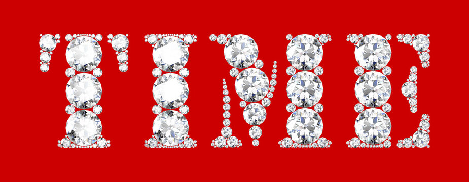 Time word made of diamonds letters with on red background.3d rendering