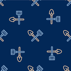 Line Shovel and rake icon isolated seamless pattern on blue background. Tool for horticulture, agriculture, gardening, farming. Ground cultivator. Vector