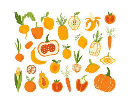 Set of various vegetables and fruits in flat style. Orange and yellow vegetable products. Vector illustration with pumpkin, apricot, turnip, banana, carrot, and other plant food