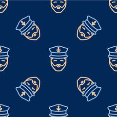 Line Captain of ship icon isolated seamless pattern on blue background. Travel tourism nautical transport. Voyage passenger ship, cruise liner. Vector