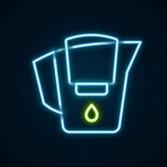 Glowing neon line Water jug with a filter icon isolated on black background. Colorful outline concept. Vector