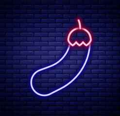 Glowing neon line Eggplant icon isolated on brick wall background. Colorful outline concept. Vector