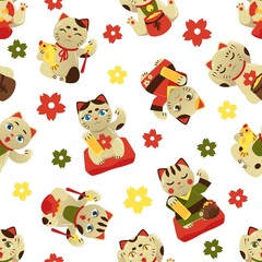 Obraz premium Maneki neko fortune cat seamless pattern, flat vector illustration on white background.