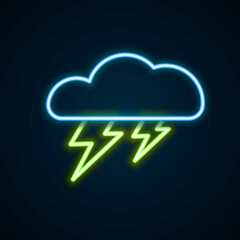 Glowing neon line Storm icon isolated on black background. Cloud and lightning sign. Weather icon of storm. Colorful outline concept. Vector