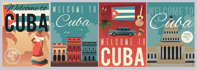 Welcome to Cuba posters set with traditional Cuban culture elements - flat vector illustration. - obrazy, fototapety, plakaty
