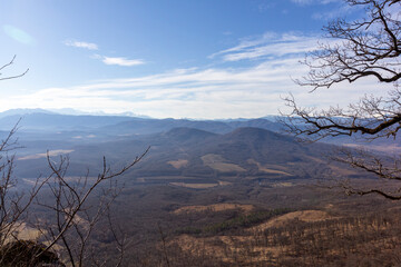 Winter mountain landscape on a sunny day, without snow cover, on observation decks.