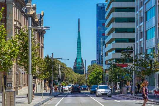 street view of perth with swan bell tower