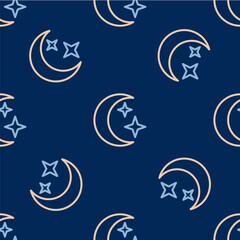 Line Moon and stars icon isolated seamless pattern on blue background. Cloudy night sign. Sleep dreams symbol. Full moon. Night or bed time sign. Vector