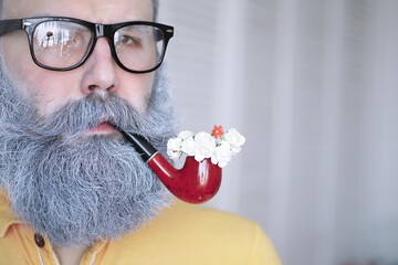 Guy smoking tobacco pipe. Hipster with grey beard and mustache. Bad habits conce