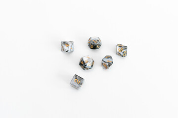 white and black dices for fantasy dnd and rpg tabletop games. Board game polyhedral dices with different sides isolated on white background	
