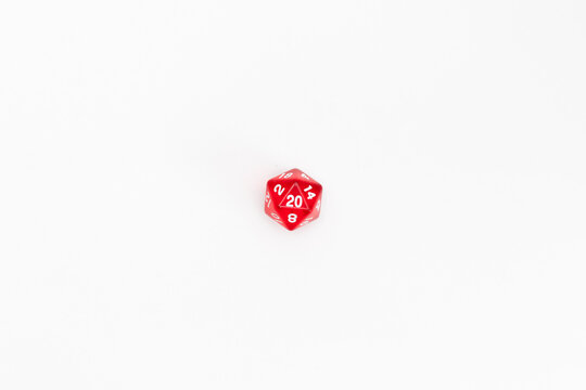 Red dice for fantasy dnd and rpg tabletop games. Board game polyhedral dice with different sides isolated on white background	

