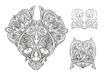 Interlacing abstract ornament in the medieval, romanesque style. Element for design. Outline Vector illustration. Isolated on white background.