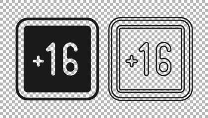 Black Plus 16 movie icon isolated on transparent background. Adult content. Sixteen plus icon. Censored business concept. Vector