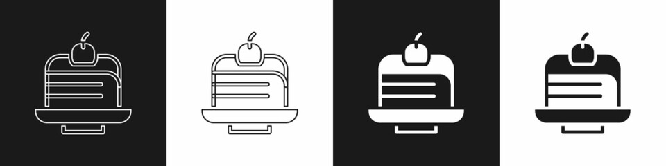 Set Piece of cake icon isolated on black and white background. Happy Birthday. Vector