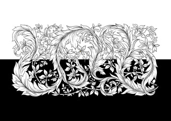 Decorative flowers and leaves in art nouveau style, vintage, old, retro style. Clip art, set of elements for design Vector illustration.