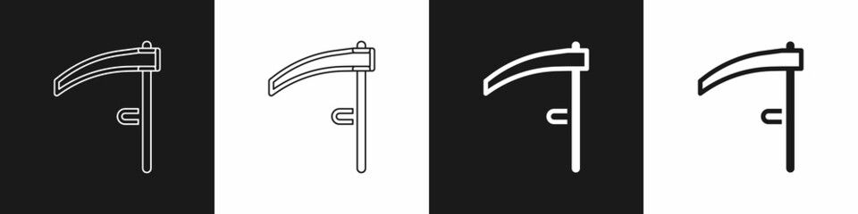Set Scythe icon isolated on black and white background. Happy Halloween party. Vector