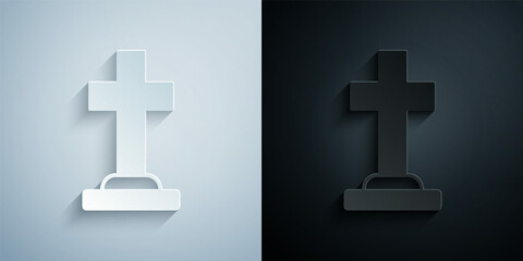 Fototapeta premium Paper cut Tombstone with cross icon isolated on grey and black background. Grave icon. Happy Halloween party. Paper art style. Vector