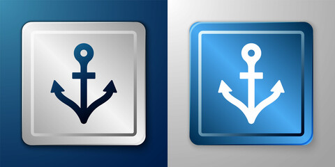 White Anchor icon isolated on blue and grey background. Silver and blue square button. Vector