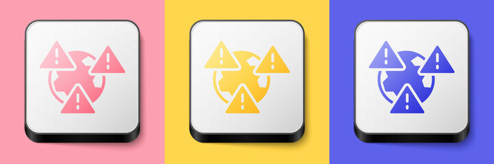 Isometric Planet earth symbol with exclamation mark icon isolated on pink, yellow and blue background. Global earth, Exclamation mark danger. Square button. Vector