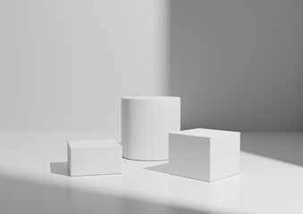 Simple Minimal White or Light Gray Three Podium or Stand Composition for Product Display. Geometric form 3D Rendering Background with Window Light From Right Side.