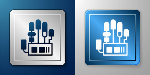 White Mechanical robot hand icon isolated on blue and grey background. Robotic arm symbol. Technological concept. Silver and blue square button. Vector