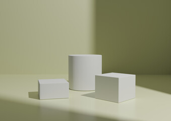 Simple Minimal Three White Podium or Stand Composition for Product Display. Geometric form 3D Rendering Light, Pastel Yellow Background with Window Light From Right Side.