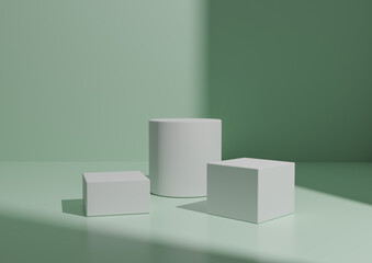 Simple Minimal Three White Podium or Stand Composition for Product Display. Geometric form 3D Rendering Light, Pastel Green Background with Window Light From Right Side.